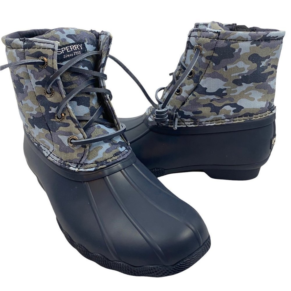 Sperry Saltwater Water Resistant Rubber Boots Blue Camo Print Girls Size 2